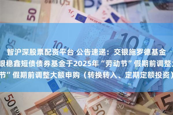 智沪深股票配资平台 公告速递：交银施罗德基金管理有限公司关于交银稳鑫短债债券基金于2025年“劳动节”假期前调整大额申购（转换转入、定期定额投资）业务限额